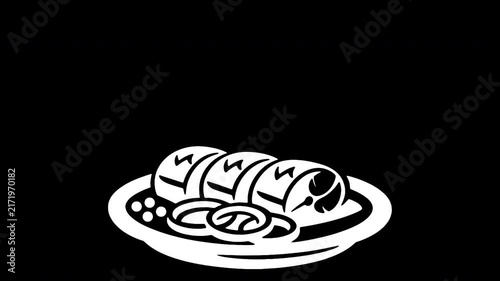 Sliced herring with onions on a plate animation