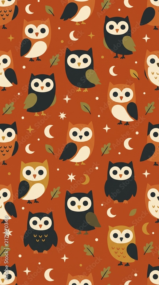 Fototapeta premium Cute owl seamless pattern with crescent moons and stars on warm terracotta background for autumn and halloween design