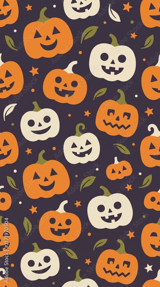 Fototapeta premium Cute Halloween seamless pattern with orange and white Jack-o'-lantern pumpkins and stars on dark background