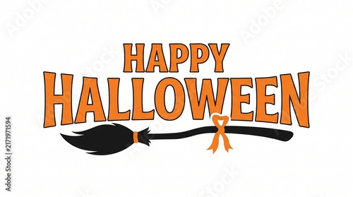Happy halloween text graphic design with a black witch broomstick isolated on a plain white background