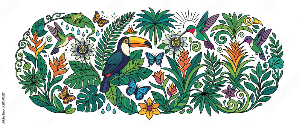 Naklejka premium Exotic Birds and Toucan in Lush Tropical Jungle Foliage