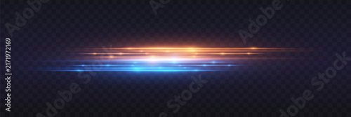 Blue and orange glowing horizontal light streaks transparent background light