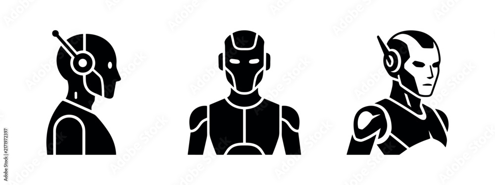 Fototapeta premium Robotics and Android Figures with AI Communication Features Icon Set