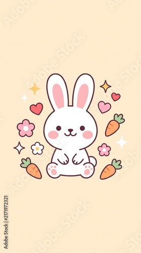 Adorable Kawaii Bunny Illustration with Carrots and Floral Decorations