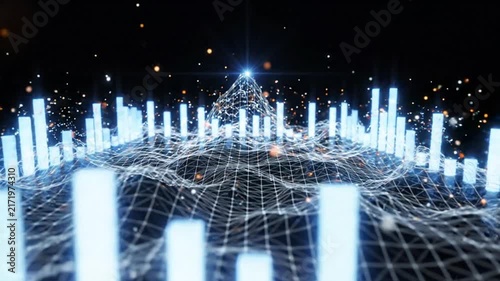 Digital data visualization glowing abstract network graph with light particles