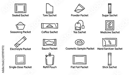 Sachet packet icon set with powder medicine food cosmetic and single dose packaging vector symbols