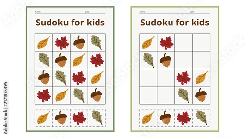 
Sudoku for kids worksheet with autumn leaves and acorns. 4x4 grid logic puzzle game for preschool learning. Educational printable activity sheet with solution and blank version.