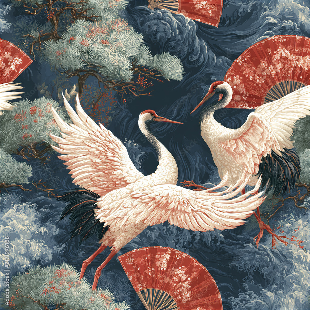 Naklejka premium Luxury oriental seamless pattern featuring red crowned crane with pine tree and red fan, elegant and detailed design