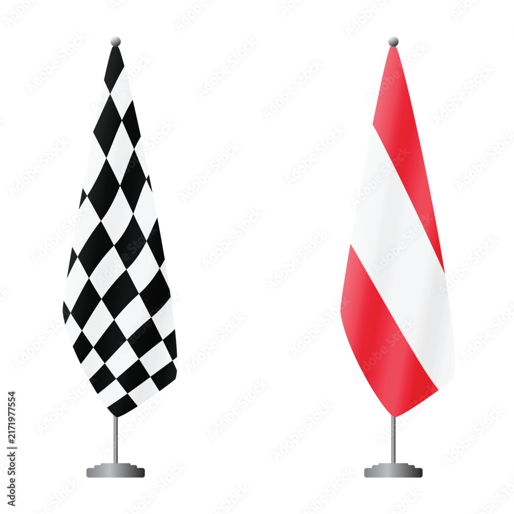 Fototapeta premium Checkered and Austria flags on flagpoles for official ceremonies and meetings, transparent background vector