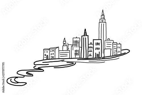 Hand-drawn black line art city skyline with skyscrapers and winding road, simple urban architecture doodle illustration on a transparent background