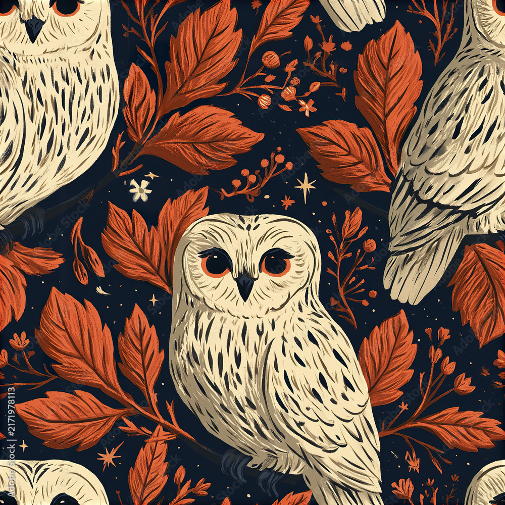 Fototapeta premium Mid century modern owl seamless pattern with graphic cream owl and orange leaves on dark background creating warm autumn mood