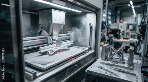 Industrial additive manufacturing cell with laser powder bed chamber, recoater blade, powder hopper, and part removal station
