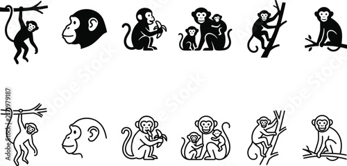 Photography Set of minimal monkey icons and primate silhouettes for wildlife design projects