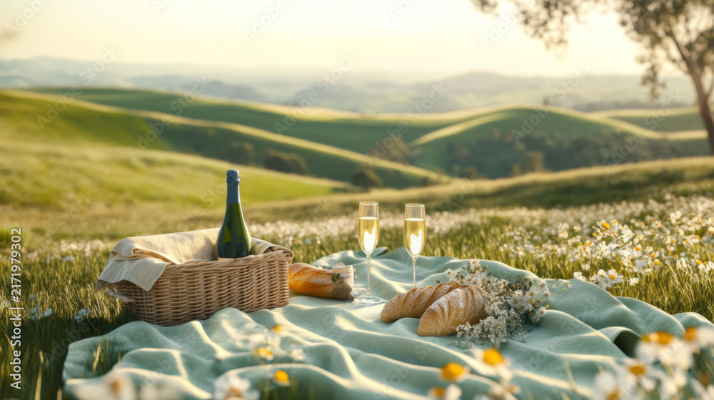 Naklejka premium Idyllic picnic with wine and cheese in blooming meadow