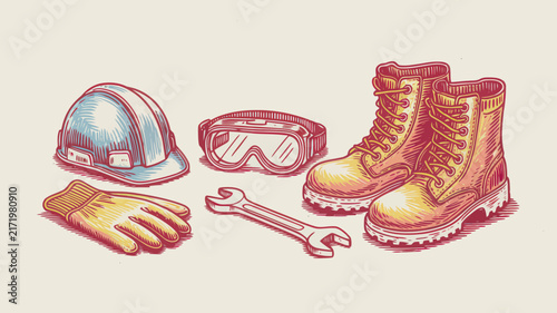 Vintage construction safety equipment set, hand drawn industrial work gear, retro labor day vector illustration