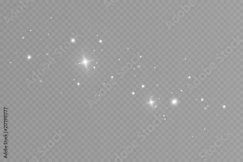 Glowing white sparkle light trail on transparent background. Magic stardust effect with shining stars and bokeh particles. Abstract digital illustration for festive overlay