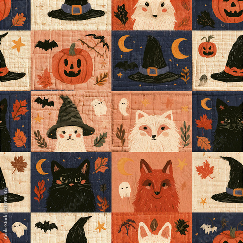 Pastel Halloween quilt pattern with charming cats, foxes, pumpkins, bats, and witch hats in warm autumn colors