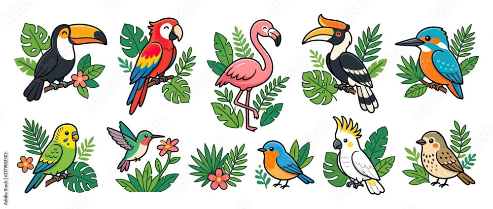 Naklejka premium Collection of Diverse Cartoon Birds Isolated on Transparent Background