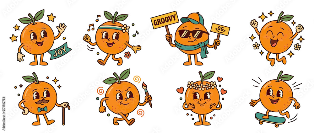 Fototapeta premium Retro Orange Characters Set with Various Activities