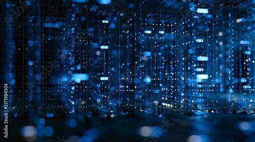 Abstract digital data stream with blue light particles in a dark technological space. This represents big data networking and modern server infrastructure concepts.