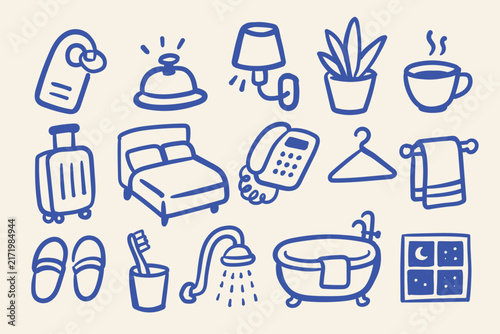 Hotel Hospitality Amenities Hand Drawn Doodle Collection with Bed, Suitcase, Lamp, Coffee, Towel, Slippers and Bathroom Items