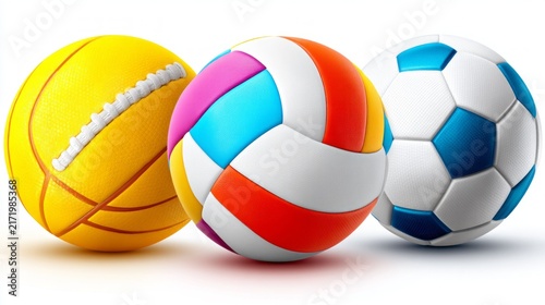 A bright collection of sports balls stands side by side, showcasing a yellow tennis ball, a multicolored volleyball, and a classic soccer ball, evoking memories of playful days