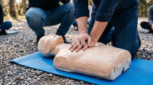 CPR Training Session: Hands actively perform chest compressions on a CPR mannequin during an outdoor training session, emphasizing life-saving skills and emergency preparedness.