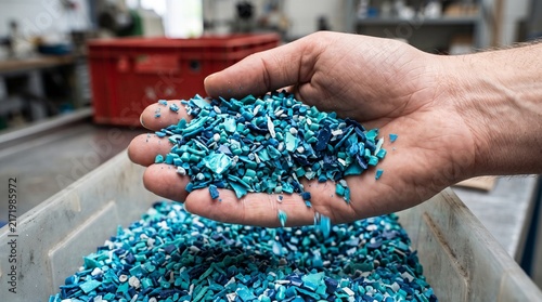 Recycled Plastic Pellets: A close-up shot of a hand holding a pile of colorful, recycled plastic pellets, representing sustainable manufacturing and material reuse.