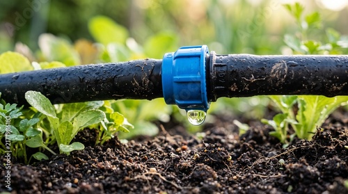 Drip irrigation system with water drop: Close-up shot of a drip irrigation system delivering water to young plants, a single drop of water is visible falling from the connector.