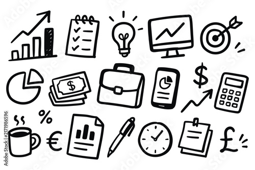 Business and Finance Hand Drawn Doodle Collection with Investment, Financial Growth, Money, Charts and Accounting Symbols