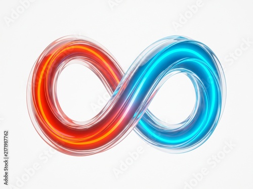 3D Dual-Tone Red and Blue Glowing Ribbon Wave Sculpture Isolated on Pure White