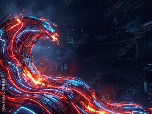 Fiery Red and Royal Blue Fluid Light Burst Wave on Pitch Black Background