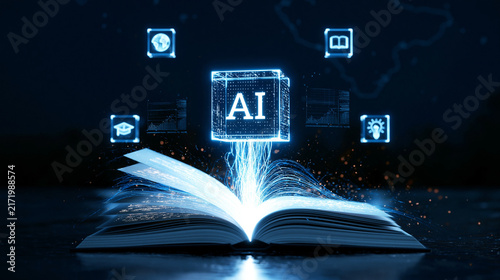 An open book emitting glowing artificial intelligence symbols and lines of light against a dark background. This conceptual technology graphic represents digital education and.