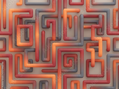 Continuous Modular Labyrinth of Orthogonal Tubular Conduits in Red and Orange