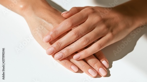 Close-up of a woman's hands with manicured nails on a white background
