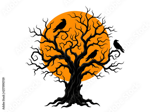 Gothic tree with perched crows vector, halloween full moon silhouette