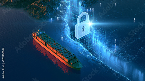 A cargo ship travels along a digital coastline guarded by a glowing security lock icon. This imagery illustrates global supply chain security and maritime trade protection.