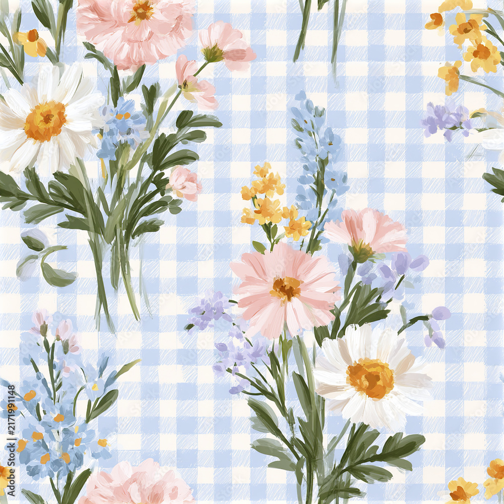 Obraz premium Romantic country style seamless pattern with pastel pink, white, yellow, and blue flowers on soft blue gingham background