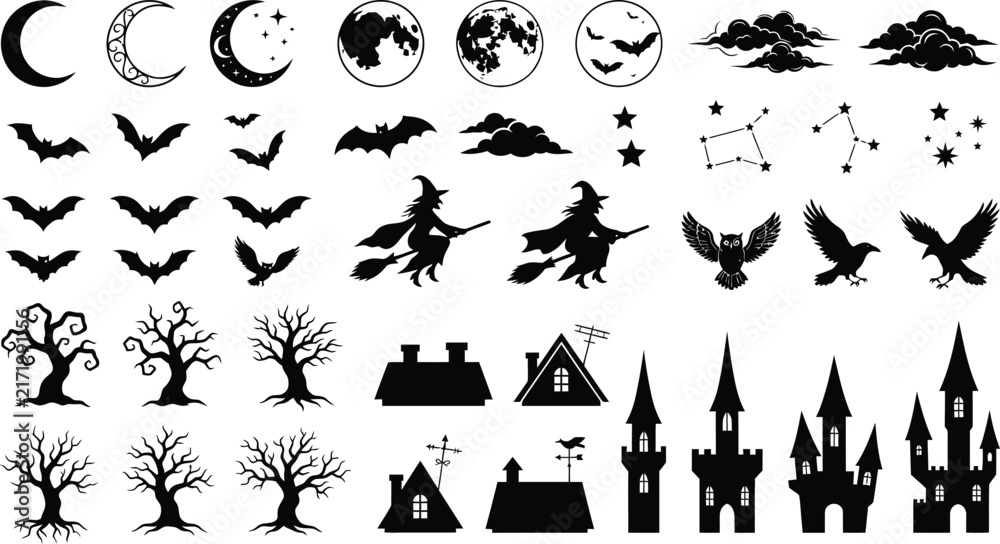 Fototapeta premium Halloween silhouettes collection with spooky icons and festive holiday design elements.