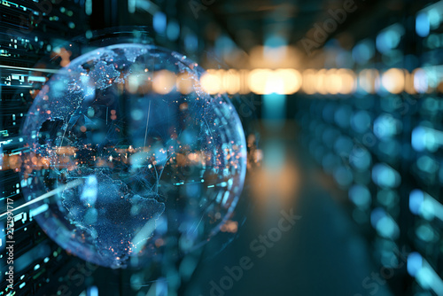 A glowing digital globe and data network floating inside a modern server room with blue lighting. Global cloud computing concept for technology presentations.