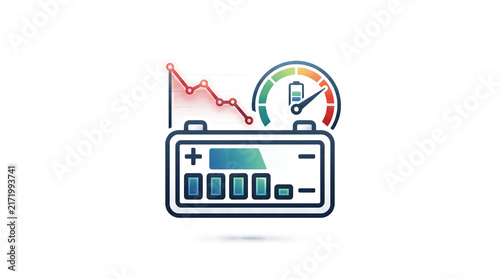 Obraz na plátně Modern battery degradation analyzer icon featuring negative trend line chart and colorful dial meter