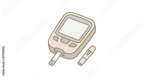 Tan blood sugar monitor with test strip and lancet.