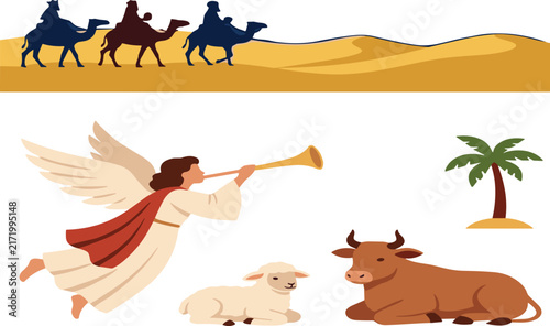 Bild auf Leinwand Nativity Christmas Vector Set with Three Wise Men Angel Trumpet Sheep Cow and De