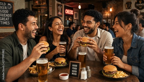 Group of friends sharing burgers and beer at a casual restaurant