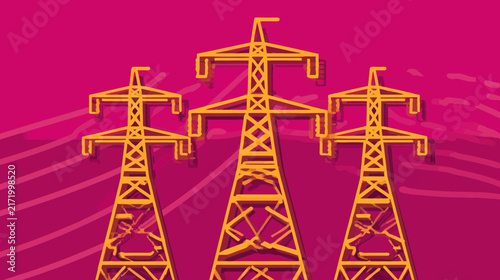 Yellow Power Towers and Electrical Lines on Magenta Background