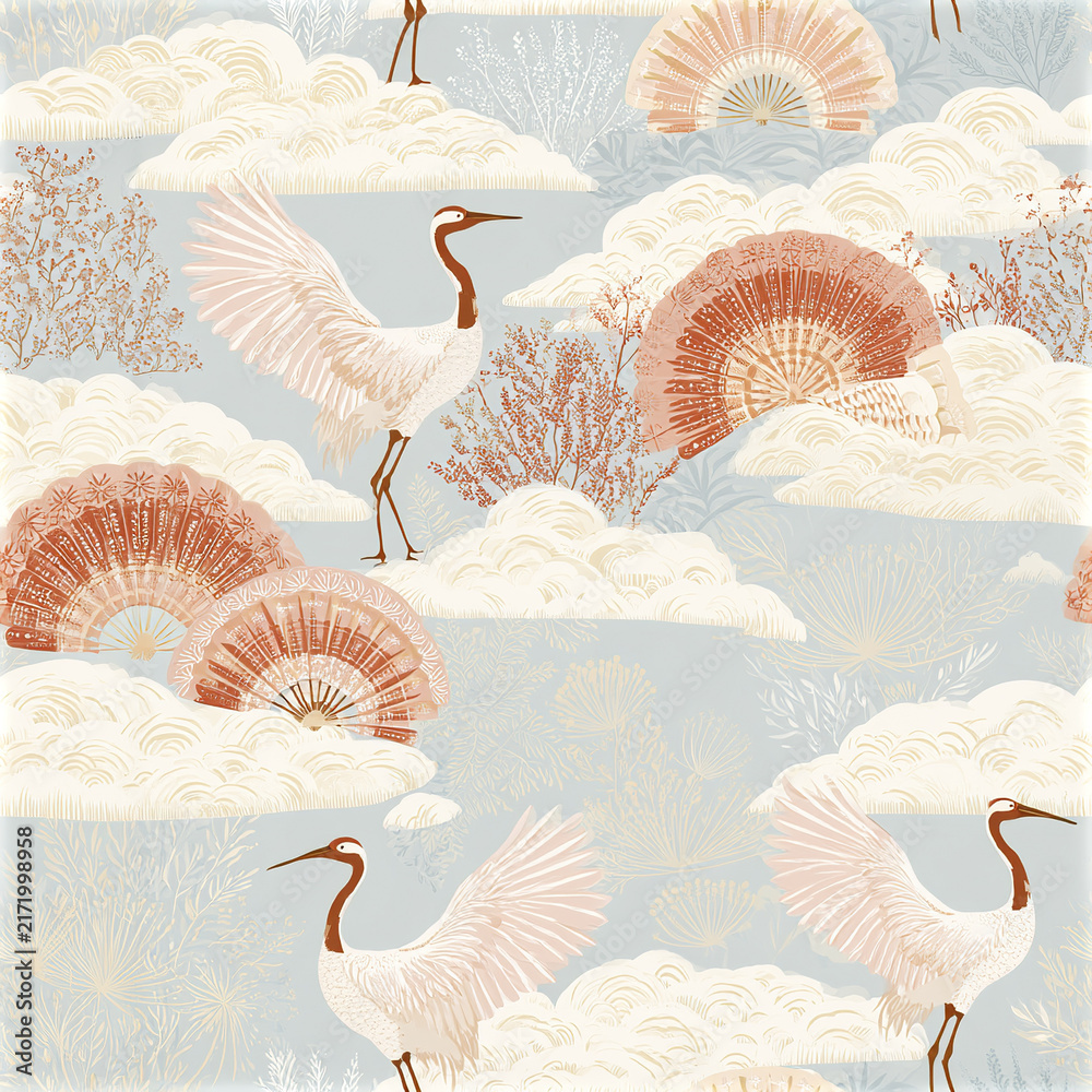 Naklejka premium Scandinavian Japanese fusion pattern with elegant cranes, soft clouds, and decorative fans pastel tones creating calm