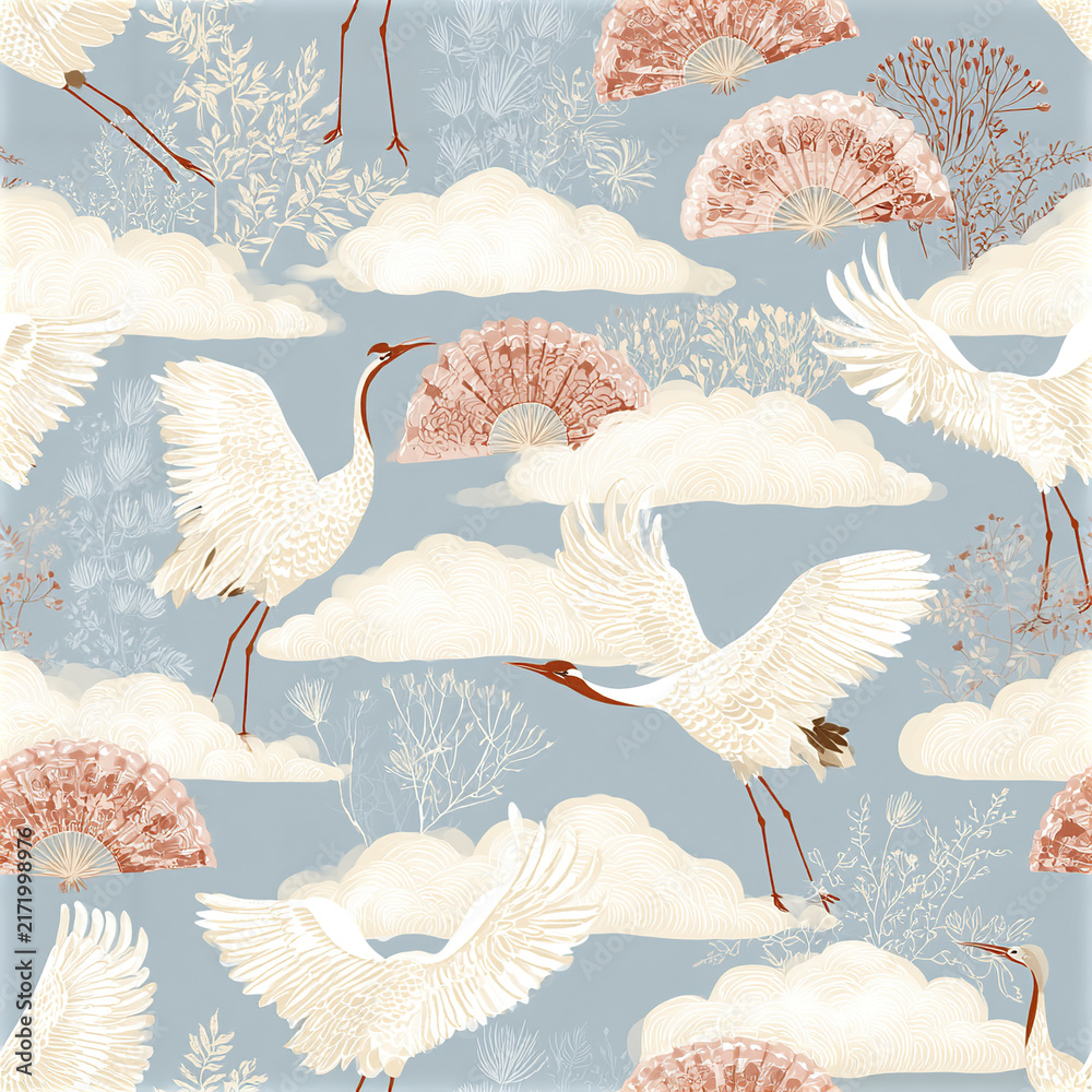 Fototapeta premium Cranes flying among clouds with decorative fans and delicate botanical elements soft pastel colors creating serene atmosphere