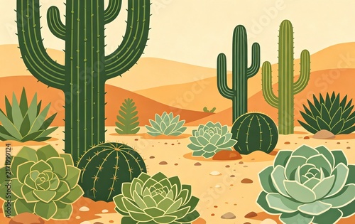Panoramic Flat Illustration of Desert Succulents and Cacti, Terracotta and Sage