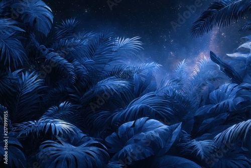 Collection of blue-toned tropical leaves with cosmic night sky and nebula glow