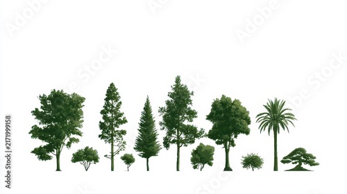 Collection of evergreen and deciduous tree forms on a white background